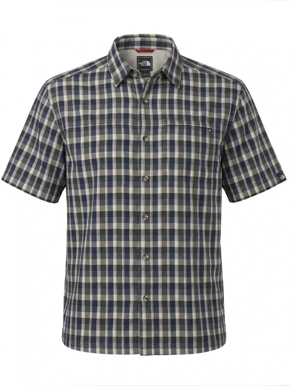 North Face Button Front Shirt Mens Size MED Short Sleeve Blue Gray Plaid Outdoor